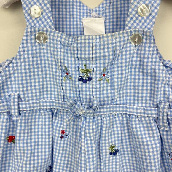 Vintage Mufflings Blue Gingham Fruit & Flower Overalls 9 Months - Picture 2 of 8